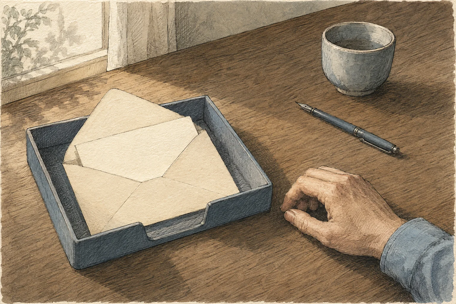 책상 위 서류함에 놓인 봉투 그림. 에세이 「AI에게 일을 맡겼다면, 무엇을 보고 끝났다고 할 것인가」 삽화